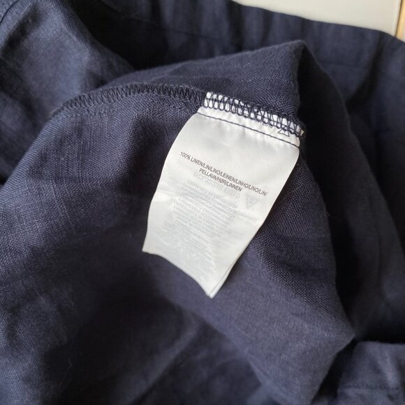 Women’s 100% Linen Navy Blue Long Shirt Dress Sz L Button Front Midi Side Pocket - Picture 2 of 10